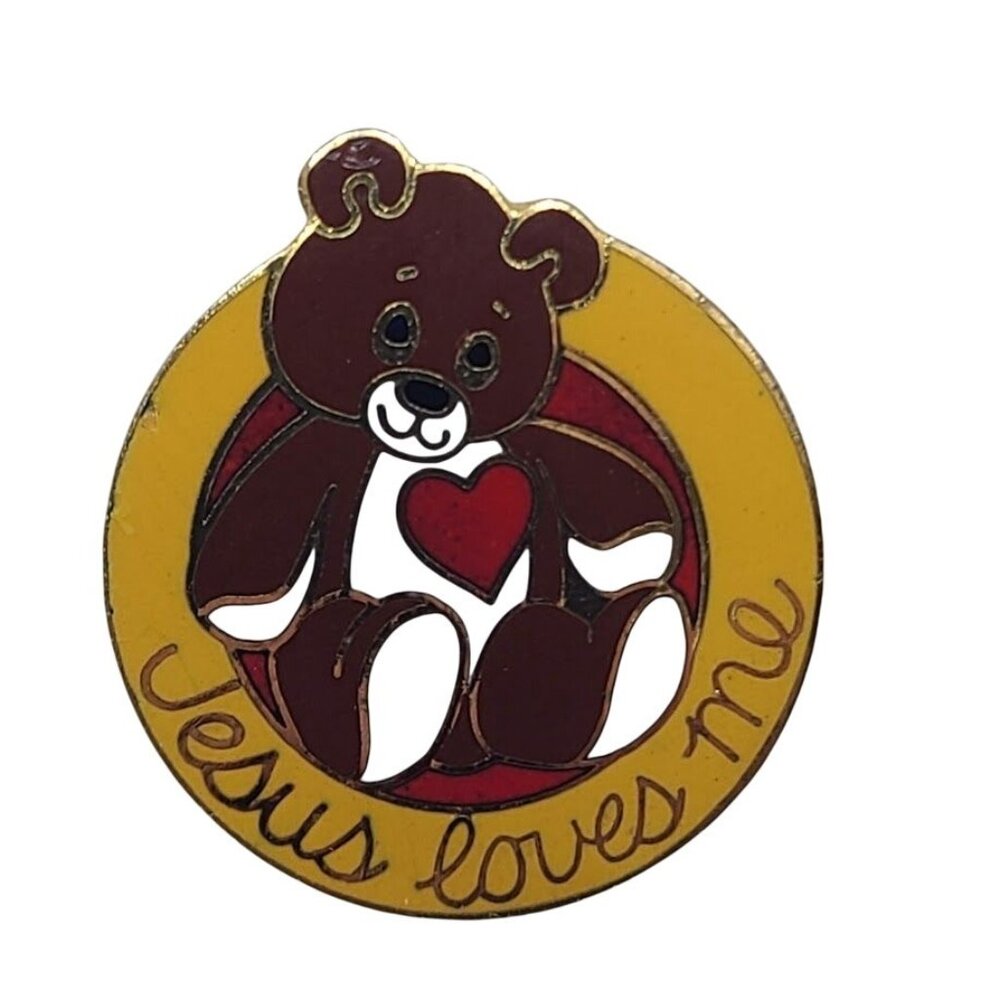 Vintage Creations Jesus Loves Me Teddy Bear Enamel Pin Christian Brooch